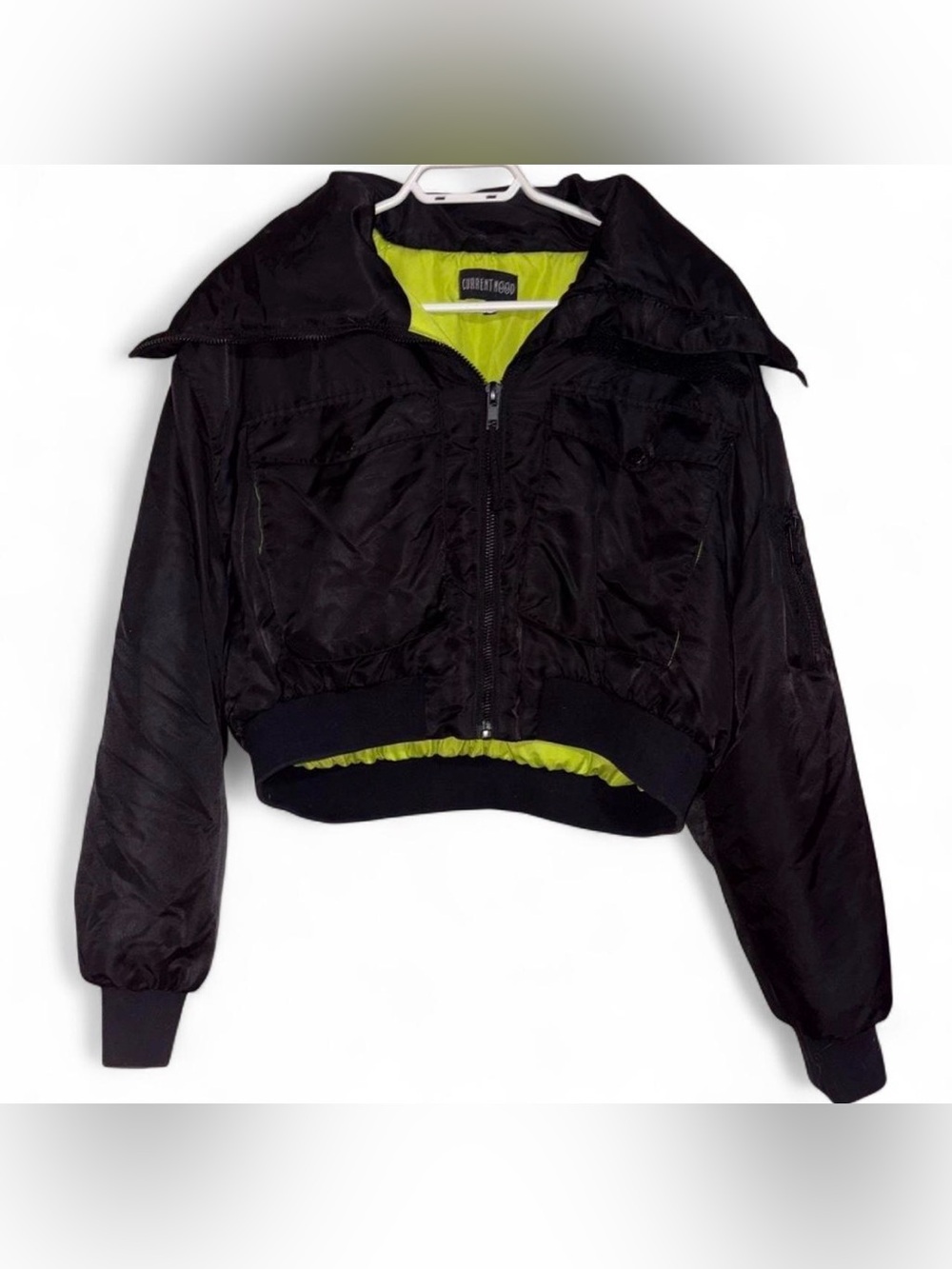 Current Mood Black Cropped Bomber Jacket with Neon Green Lining